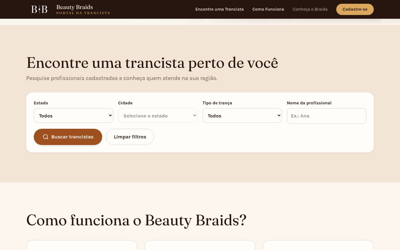 Tela do projeto Beauty Braids — Portal da Trancista